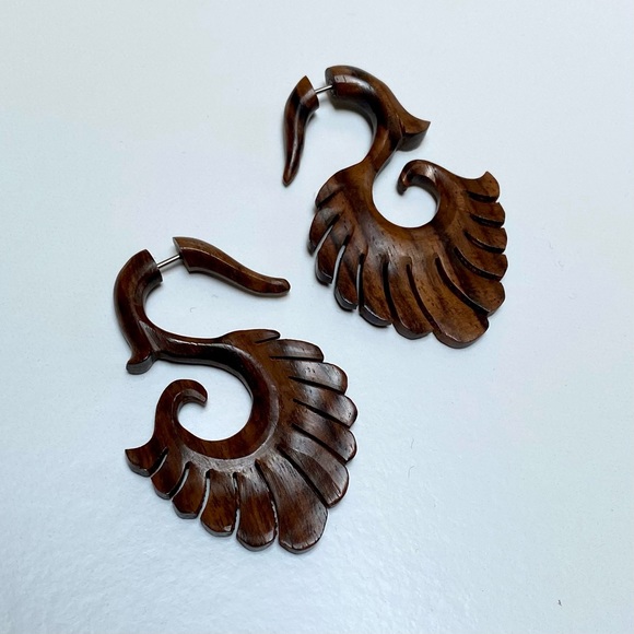 Teak Wood Faux Gauge Stud Earrings - Picture 2 of 2